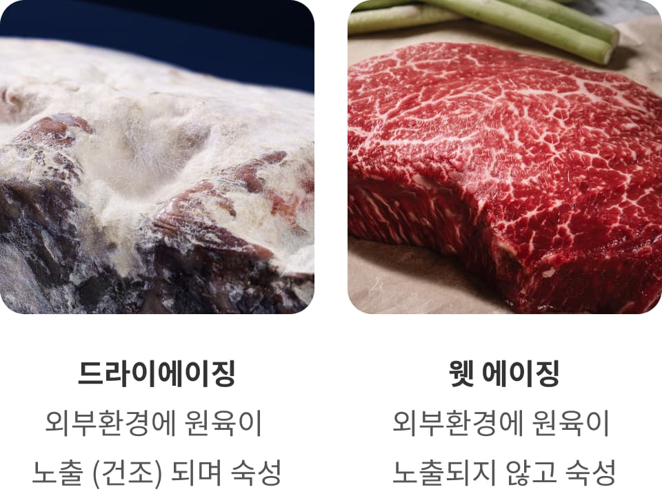 드라이에이징: 외부환경에 원육이 노출 (건조) 되며 숙성, 웻 에이징: 외부환경에 원육이 노출되지 않고 숙성