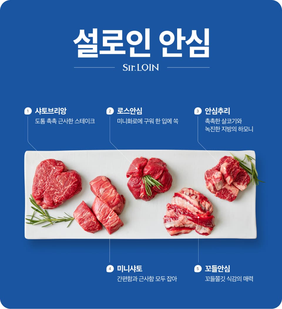 설로인 안심 1. 샤토브리앙: 도톰 촉촉 근사란 스테이크, 2. 로스안심: 미니화로에 구워 한 입에 쏙, 3. 안심추리: 촉촉하 ㄴ살코기와 녹진한 지방의 하모니, 4. 미니샤토: 간편함과 근사람 모두 잡아, 5. 꼬들안심: 꼬ㅓ들쫄깃 식감의 매력
