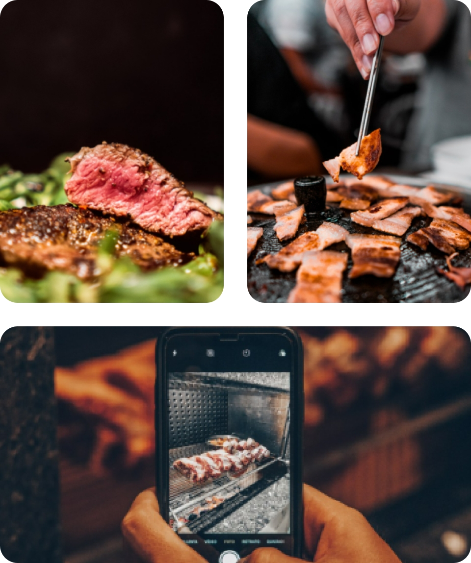 스테이크, 가마솥 뚜껑에 굽고있는 고기, 굽는 고기를 휴대폰 카메라로 촬영